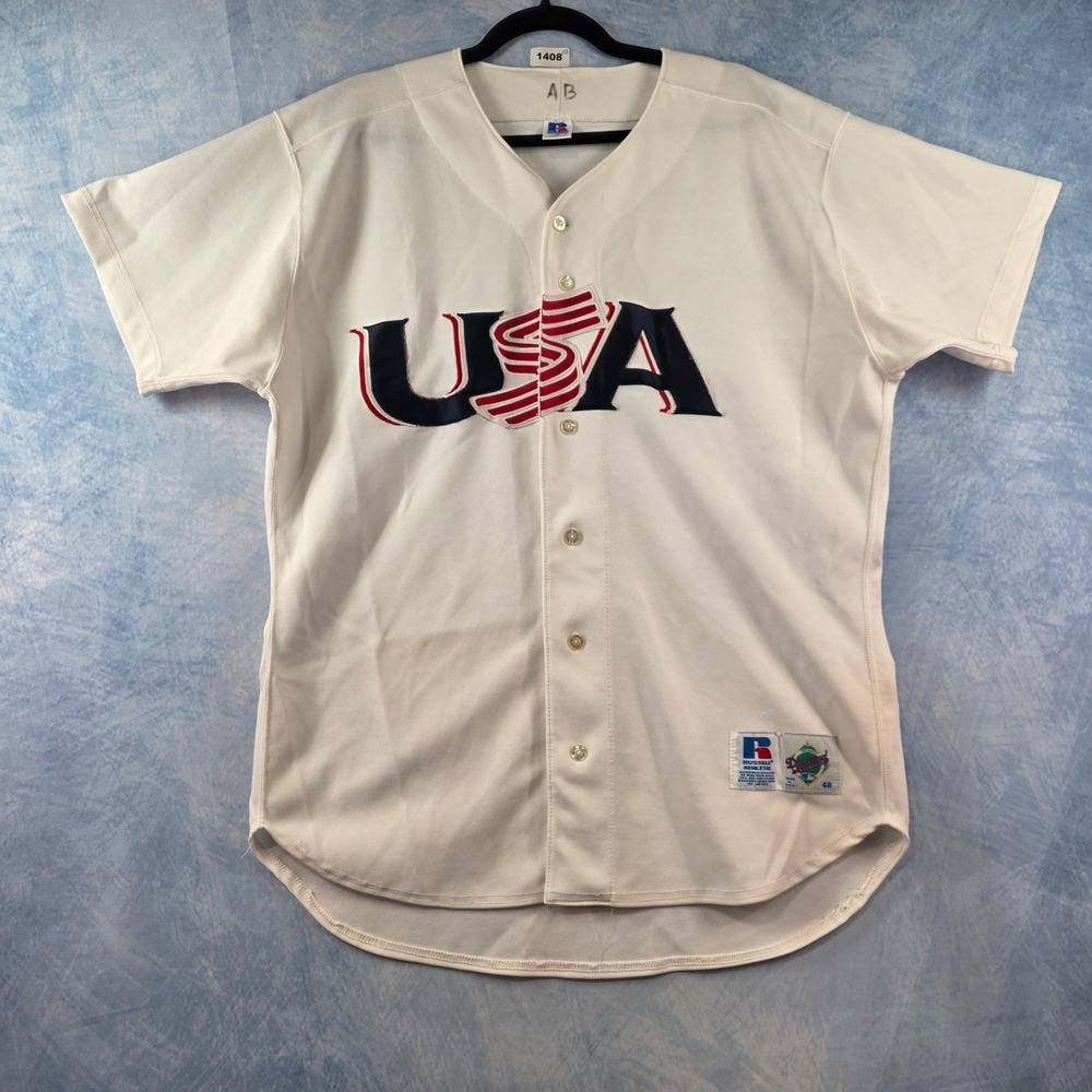 Vintage Russell Athletic USA Baseball Jersey Mens 48 White Button Up Made in USA - Picture 1 of 13